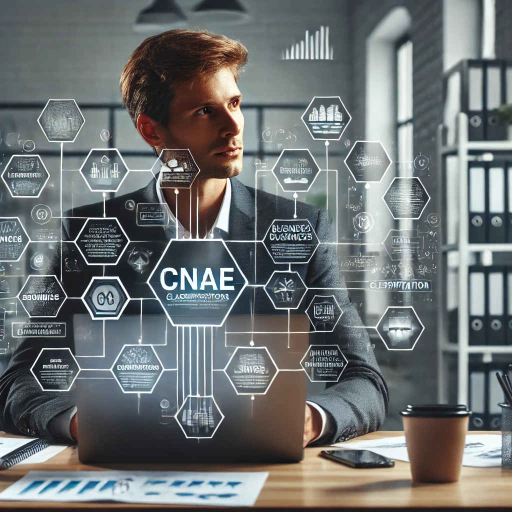 A-business-owner-looking-at-a-laptop-screen-displaying-a-complex-chart-with-various-business-classifications-labeled-CNAE.-The-owner-has-a-thoughtf